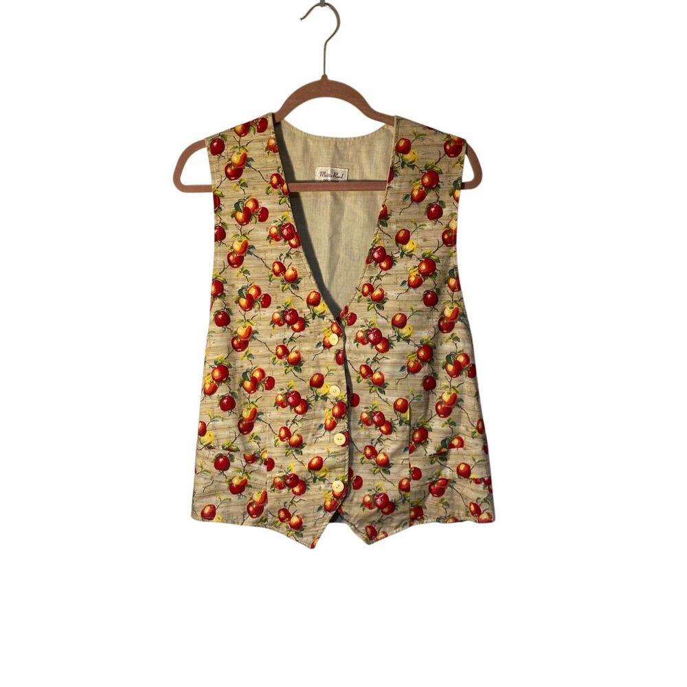 Hand sewn, tan, apple, print, fully lined vest teacher, large